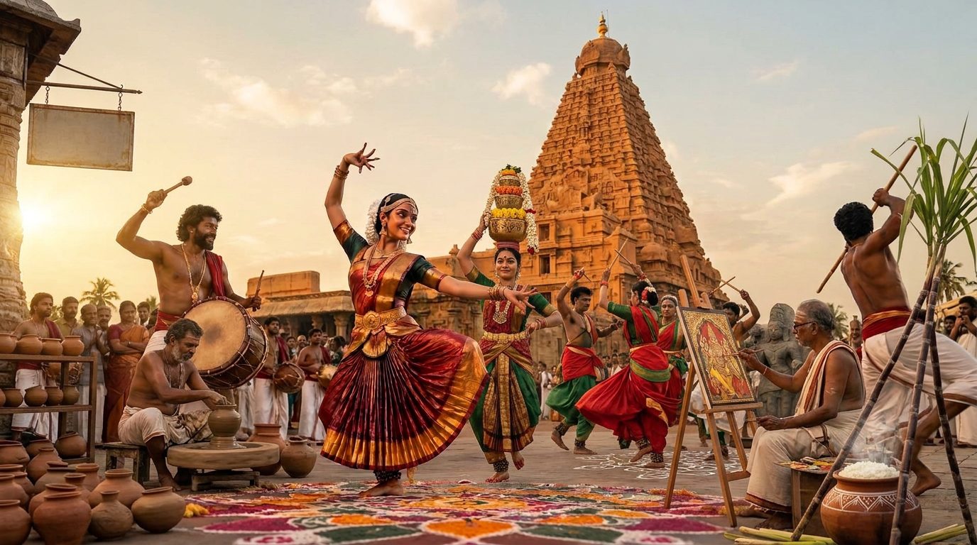 Tamil artists at a Gangaikonda Cholapuram temple — Bharatanatyam, karagattam, oyilattam, parai, silambam, kolam, painting, pottery and Pongal